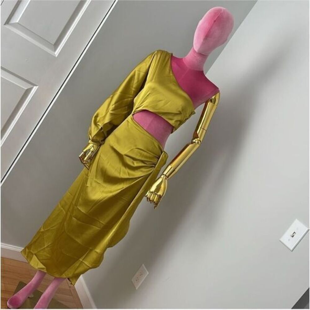 Stunning Yellow One-Shoulder Evening Gown with Balloon Sleeve and Wrap Dress L - Picture 4 of 12